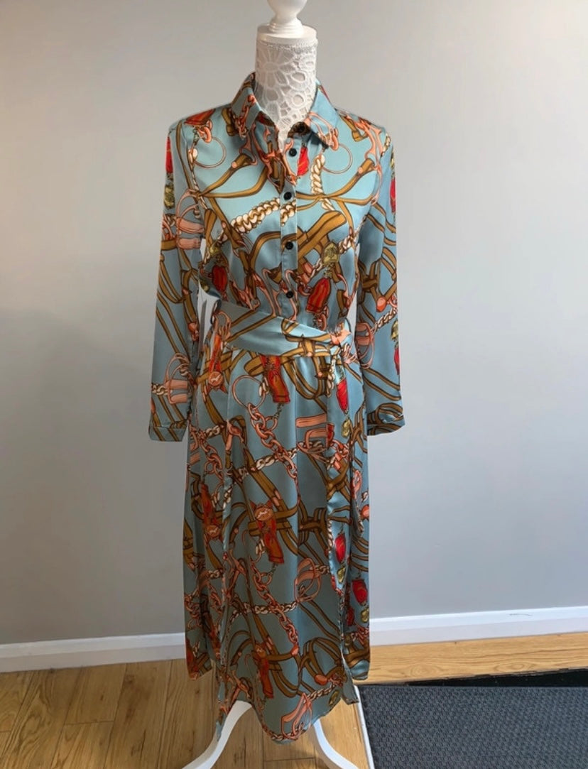 Duck Egg Blue Chain Print Shirt Midaxi Dress Duck Egg Blue Chain Print Shirt Midaxi Dress